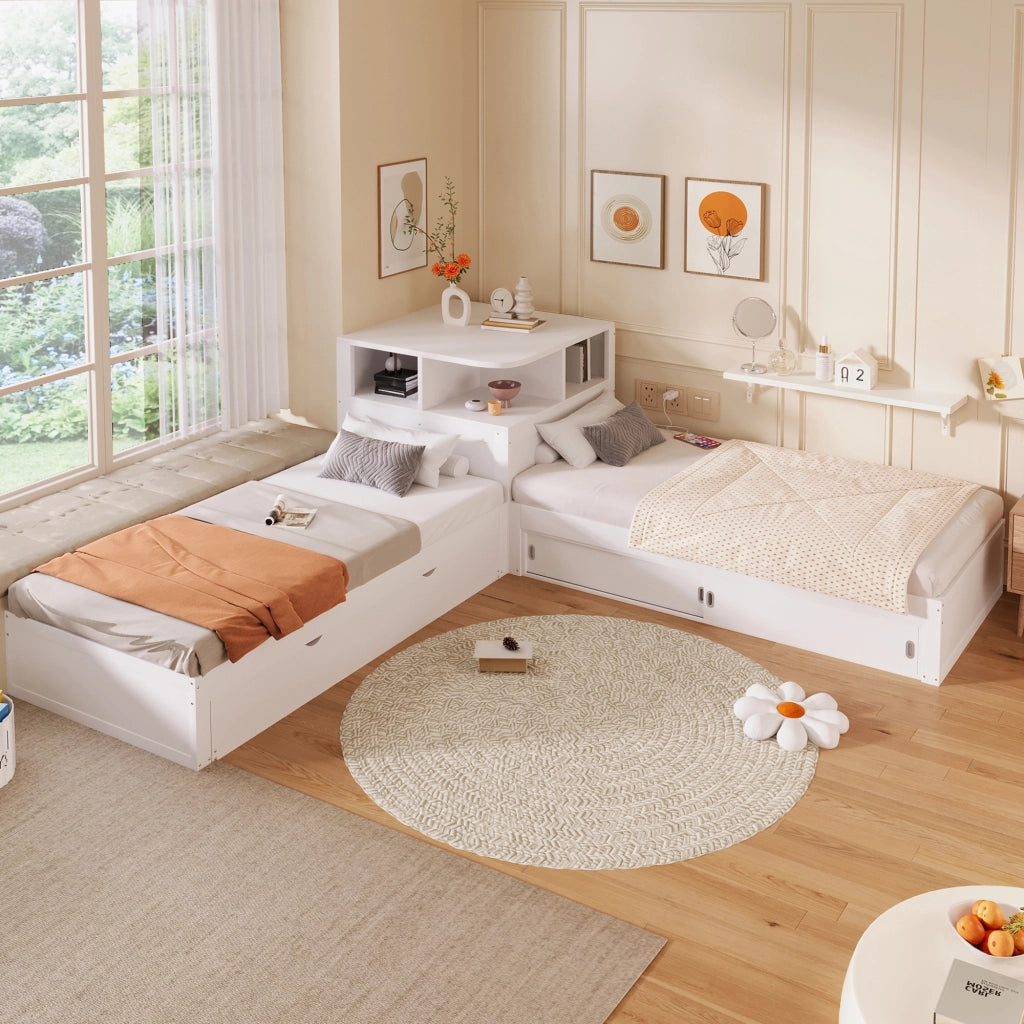Letto singolo 90 × 200 cm con letto estraibile, contenitore con ante scorrevoli et luce notturna LED, senza materasso, bianco
