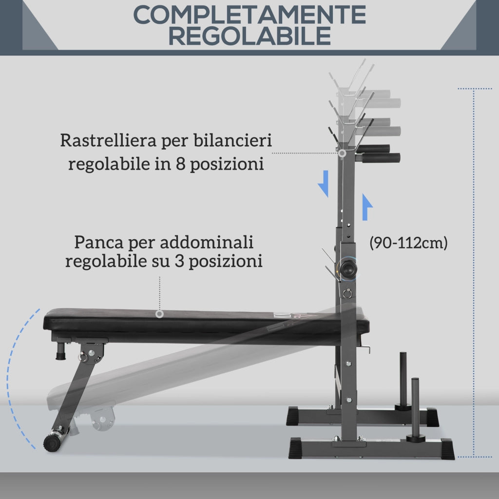 Panca Pesi Pieghevole con 8 Altezze Regolabili e Supporto Bilanciere in Acciaio e PU Grigio
