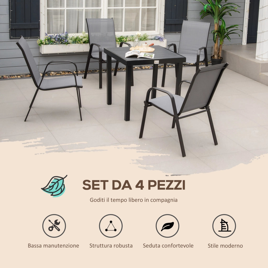 Set 4 Sedie da Giardino Impilabili con Braccioli ¨C Zephmum ¨C Grigio, Metallo, Tessato