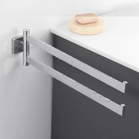 Supporto per Asciugamano in Acciaio Inox Nero 40 cm, Montaggio a Parete, 180° Rotativo e Ripiegabile, Doppia Barra a Due Bracci per Bagno e Doccia, con Accessori di Montaggio