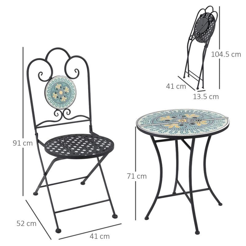 SET DA GIARDINO CON 2 SEDIE PIEGHEVOLI E TAVOLINO A MOSAICO VERDE E GIALLO