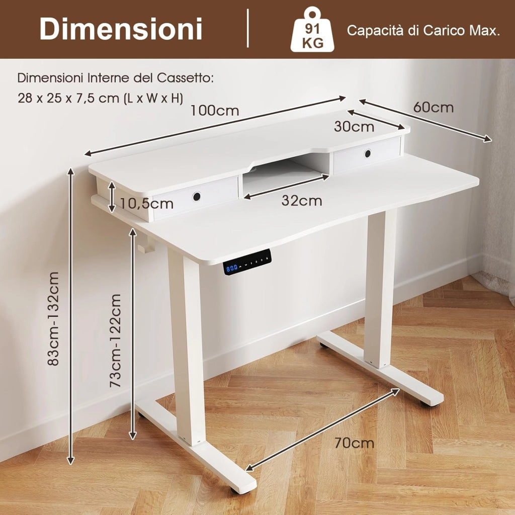 Scrivania Regolabile in Altezza con 2 Cassetti, Scrivania con Supporto per Monitor, Mensola, 2 Ganci e 3 Altezze Preimpostate, Tavolo da Lavoro per Ufficio, Studio e Camera da Letto (Bianco)