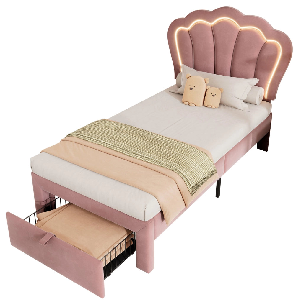 Letto imbottito 90x190 cm LED RGB; testiera regolabile; velluto rosa (Senza materasso)