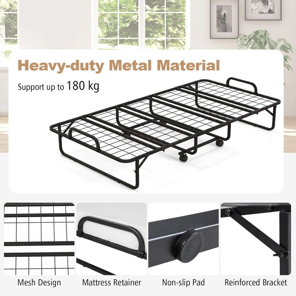Letto Pieghevole con Materasso 190 cm, Letto per Ospiti a Scomparsa con Materasso in Memory Foam, Lettino Pieghevole Portatile su Ruote per Soggiorno, Camera, Ufficio