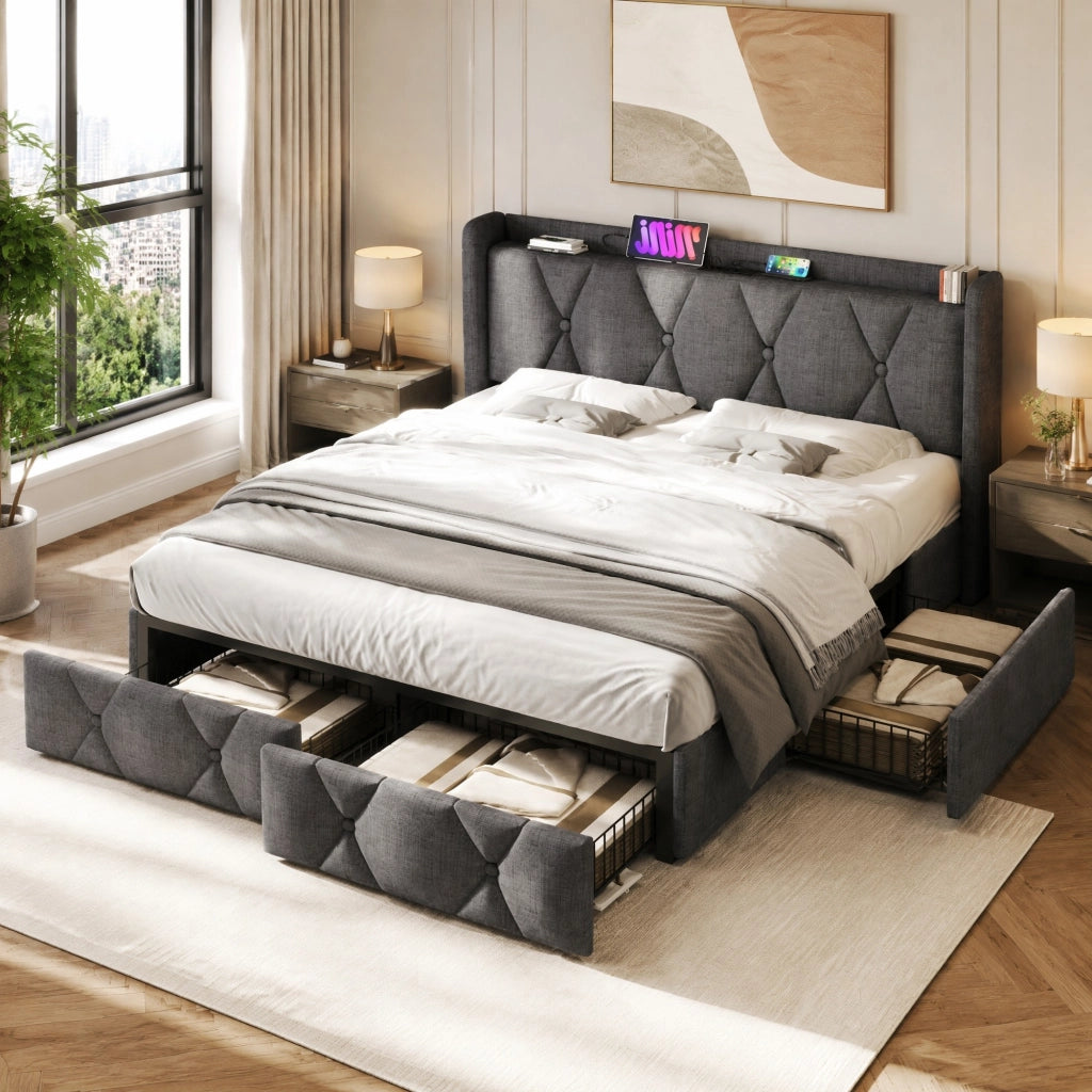 LETTO Contenitore 140x200 cm Grigio in lino con 4 cassetti e prese USB