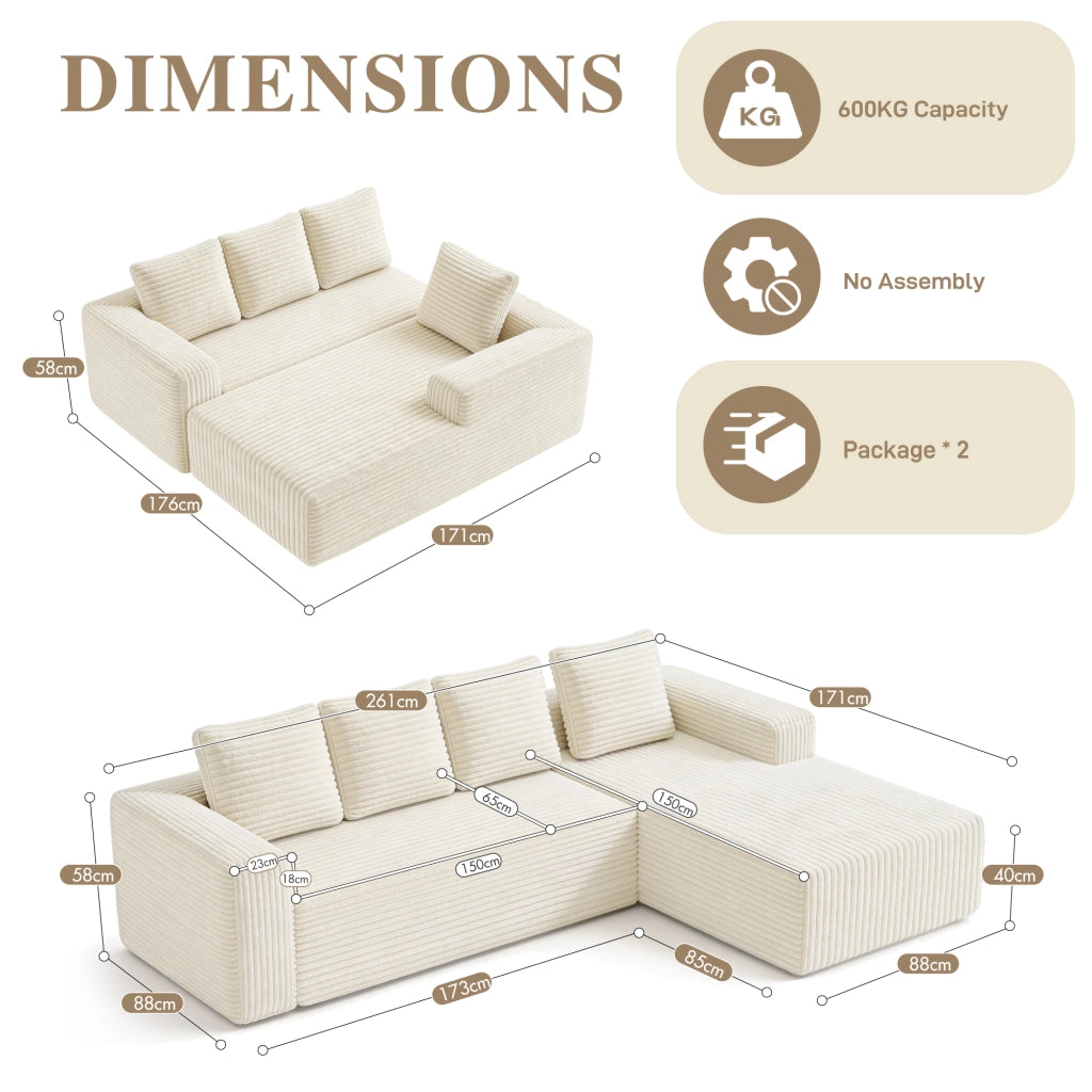 Divano angolare modulare reversibile con chaise lounge e seduta profonda in velluto a coste beige