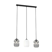 Lampadario 3 Luci Selene In Acciaio Nero E Vetri Plissettati In Bianco E Fumè