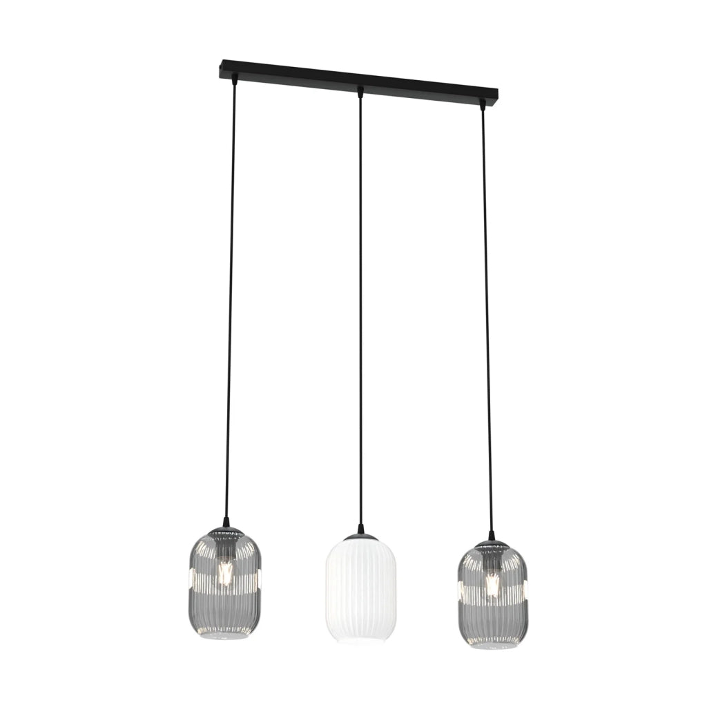 Lampadario 3 Luci Selene In Acciaio Nero E Vetri Plissettati In Bianco E Fumè