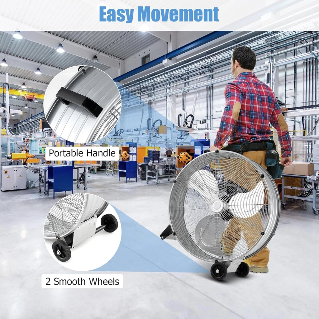 Ventilatori da Pavimento, 3 Velocità di Vento Regolabili, Ventilatore Industriale in Metallo, 2 Ruote in Gomma, per Magazzino, Officina, Cantina, Ufficio, Ø60 CM (Argento)