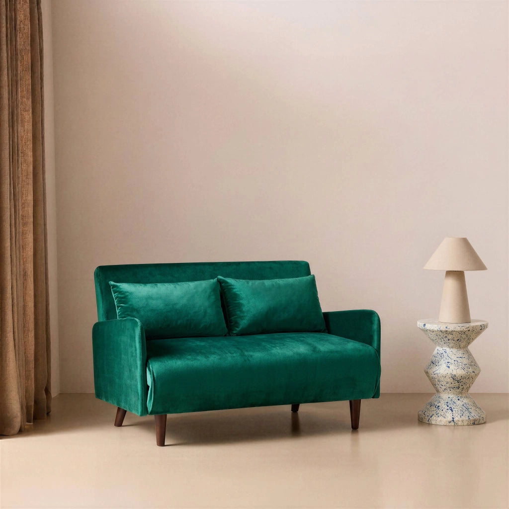 Divano letto in velluto con gambe in legno, 2 posti, verde