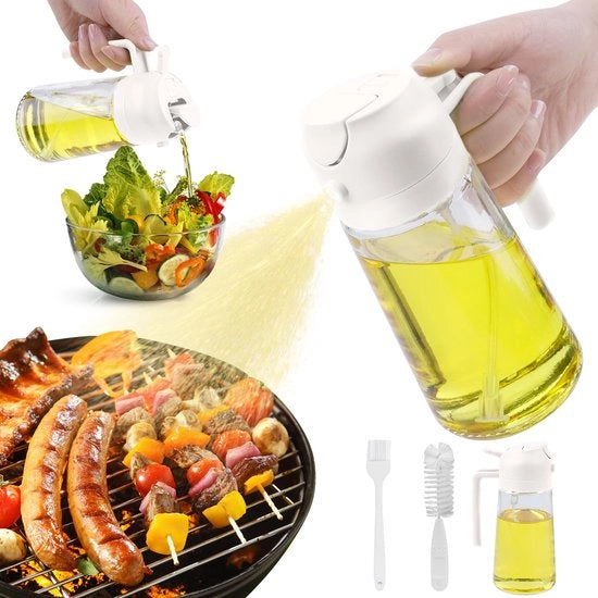 Olioverstuiver multifunzionale per oli di cottura 470 ml, 2-in-1 spremifluss in vetro, spremifluss per frittura ad aria, con borsetta in silicone e spremifluss per contenitore, in bianco