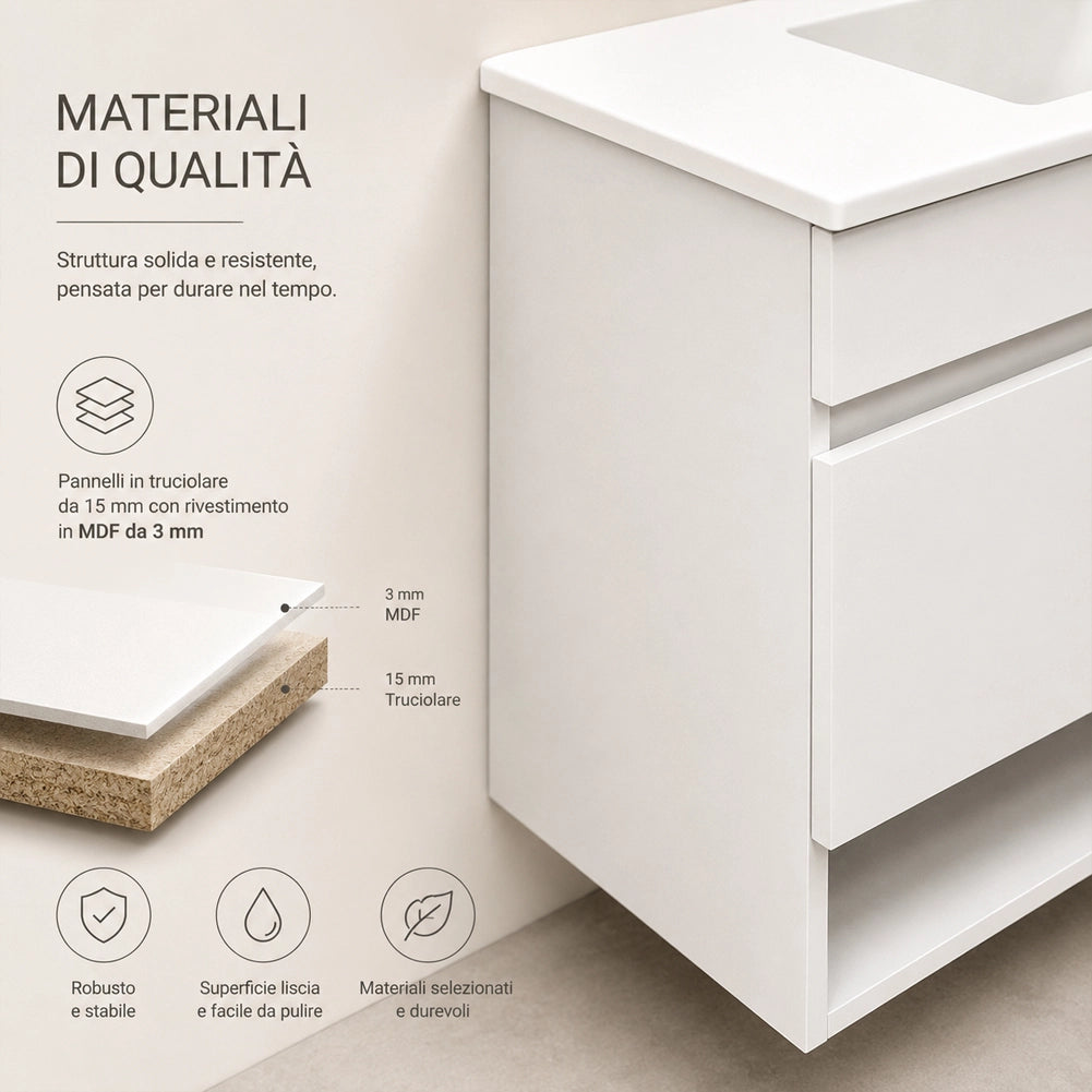 Set Completo Mobile da Bagno Sospeso 85.5cm Due Ante Bianco Specchio e Accessori
