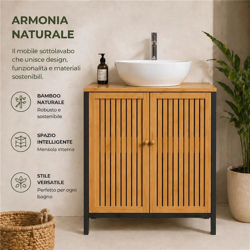 MOBILE SOTTOLAVABO IN LEGNO NERO CON 2 ANTE IN BAMBOO DIMENSIONI 60X30X70 CM