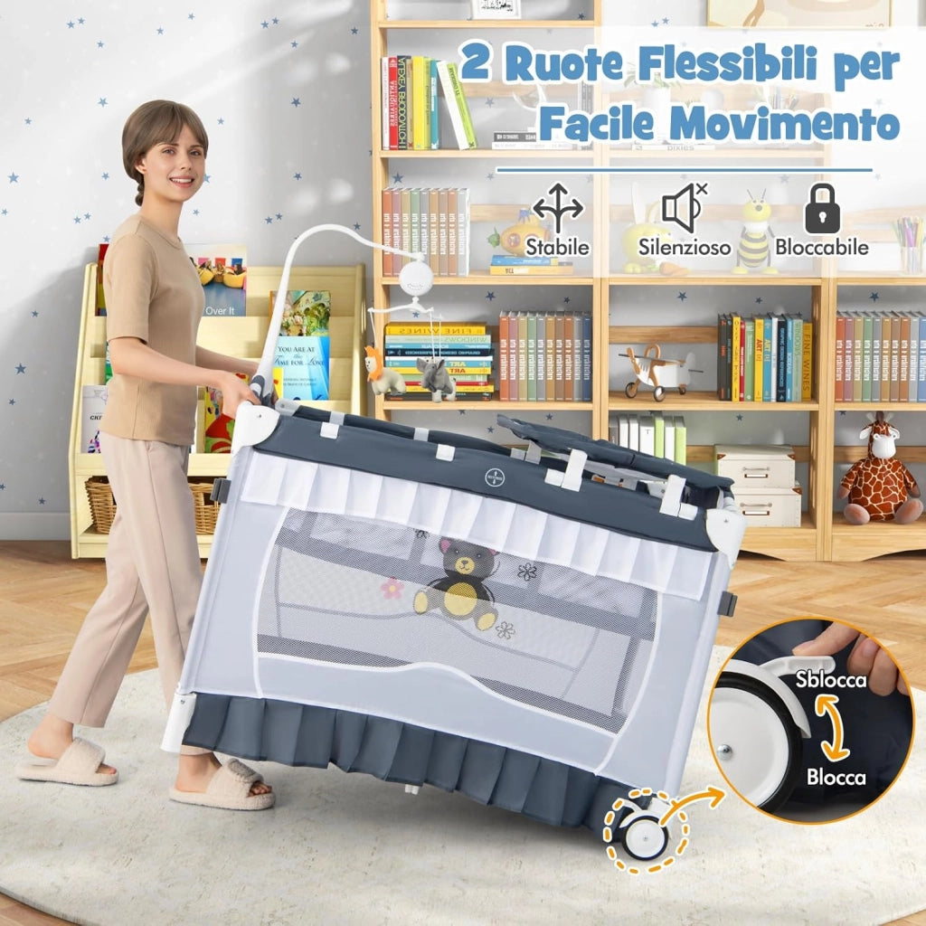 Lettino da Campeggio per Bambini, Culla Pieghevole con Fasciatoio Zanzariera, Box Neonati con Giocattoli, Ruote, per Bambini 0-36 Mesi (Grigio)