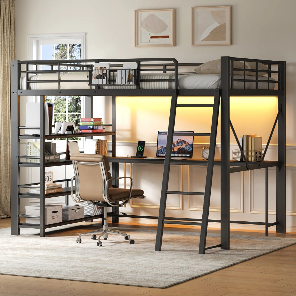 Letto a Soppalco 140x200 cm; Letto Matrimoniale - Scrivania; LED e Mensole - in Metallo e MDF - Nero