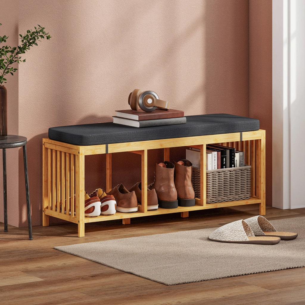 Panca con Portascarpe e Seduta Imbottita ¨C Zephmum ¨C Legno Naturale 80x35x45 cm
