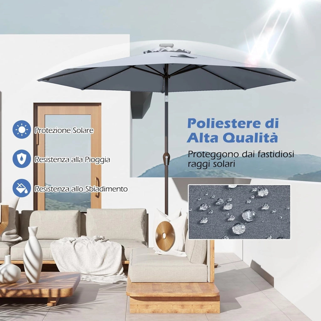 Ombrellone da Giardino da 300 cm, Parasole per Esterno con 24 Luci LED, con 8 Stecche in Metallo, Manovella e Inclinazione Regolabile, per Giardino, Coltile, Piscina (Grigio)