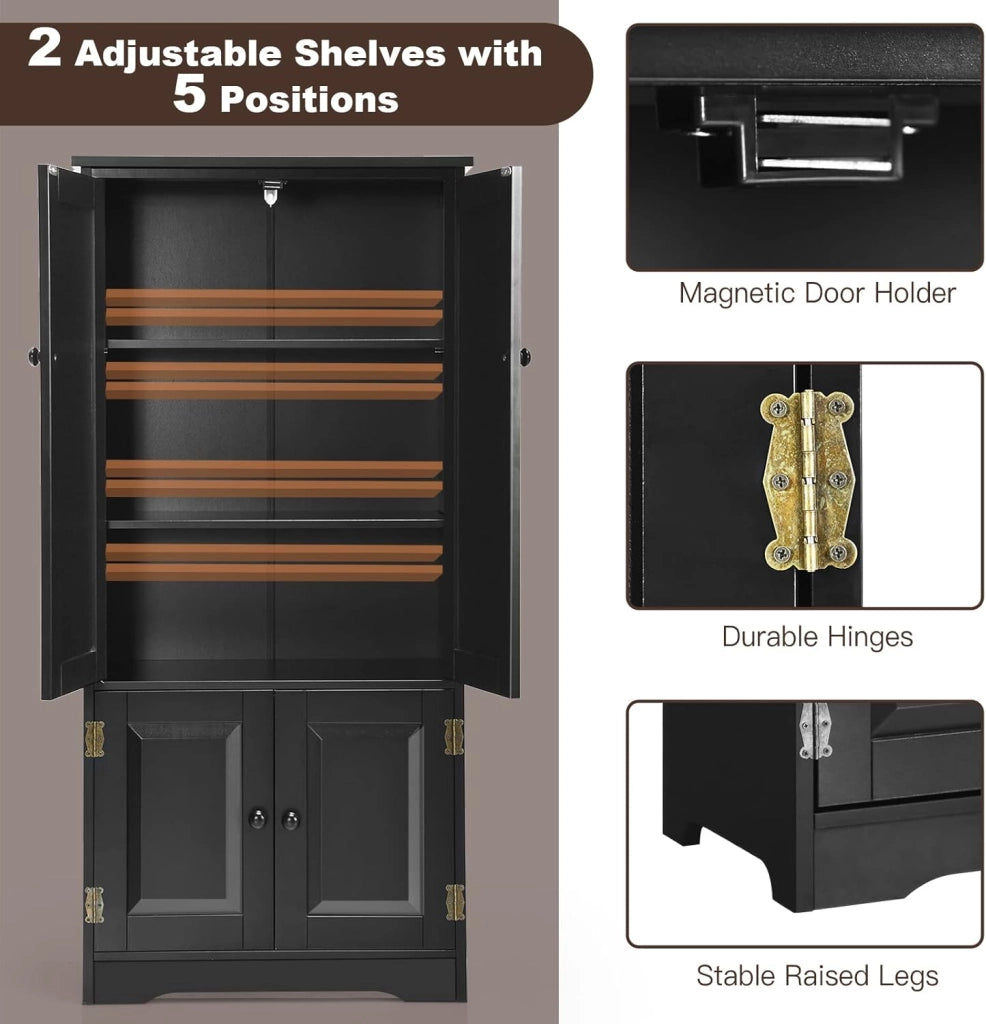 Mobile Multiuso, 4 Ante con Manico, Armadietto da Terra, 2 Ripiani Regolabili, per Bagno, Cucina, Soggiorno, Studio, Ufficio, 58,5x31,5x123 cm, Nero
