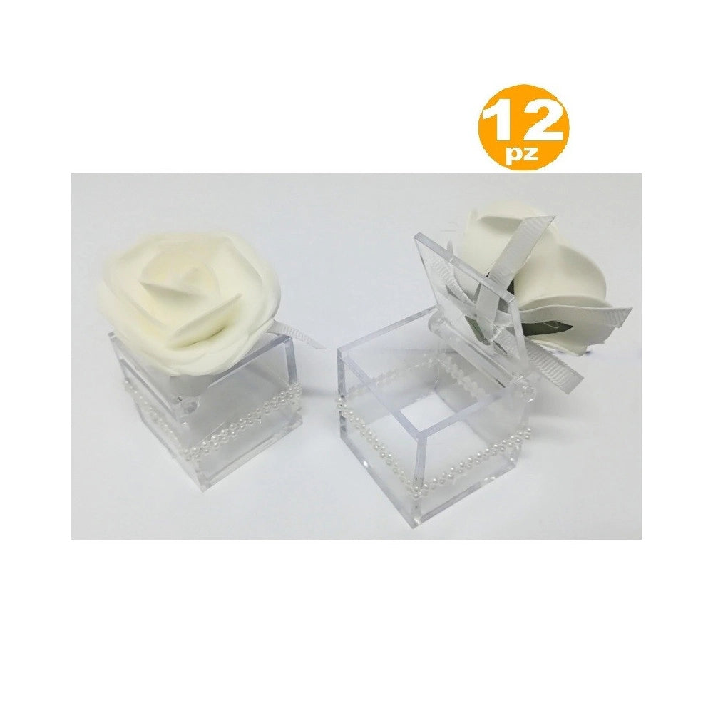 Trade Shop - Bomboniere Scatola Con Rosa Bianca Perle Cubo 4.5cm Portaconfetti Per Matrimonio -