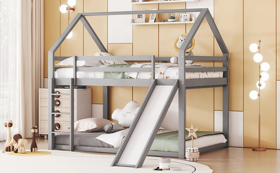 DESMIU Letto a castello per bambini 140 × 200 cm con scivolo e scala, senza materasso, in legno, grigio