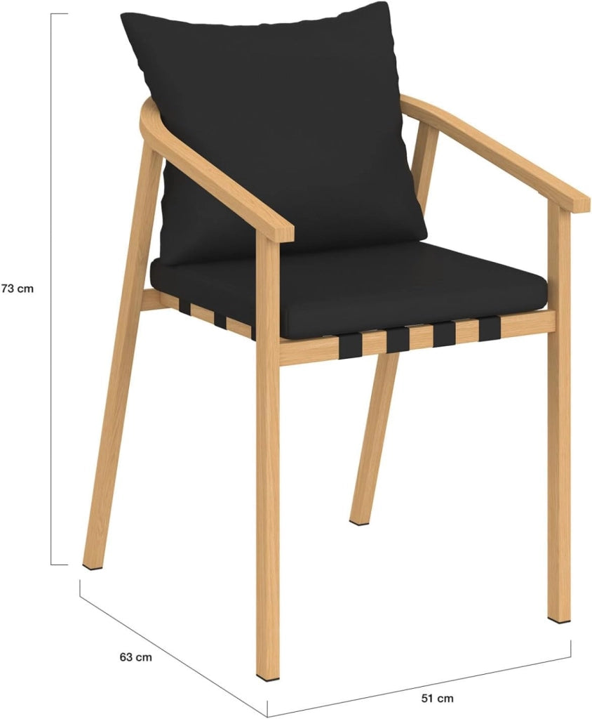 Set di 4 sedie da giardino Malta struttura in metallo effetto legno, cinghie e cuscini neri