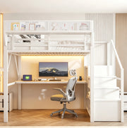 Letto a soppalco 140x200 cm con scrivania, LED e ripiani in metallo bianco