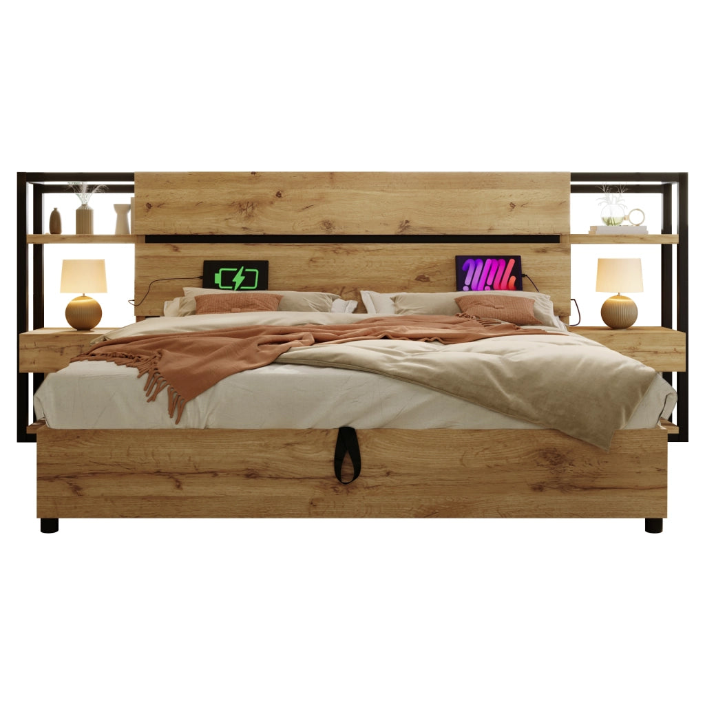 Letto matrimoniale 180x200 cm in legno e metallo con contenitore, testiera con cassetti e porta USB Type-C, rovere