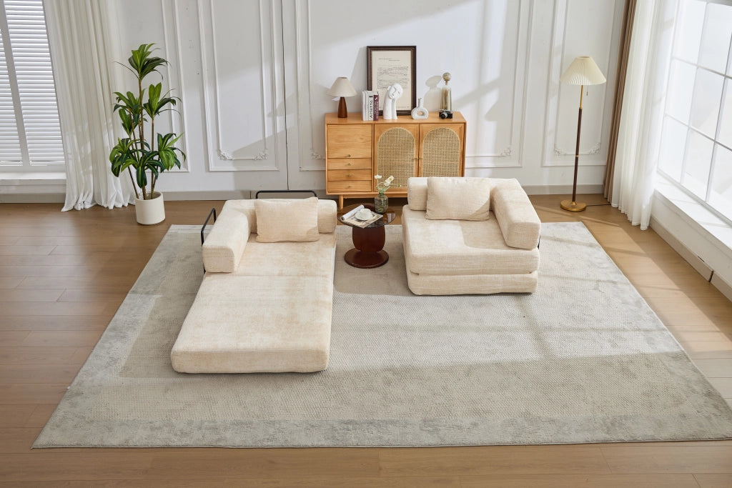 Divano letto modulare pieghevole senza montaggio in ciniglia beige per salotto camera ufficio e sala giochi