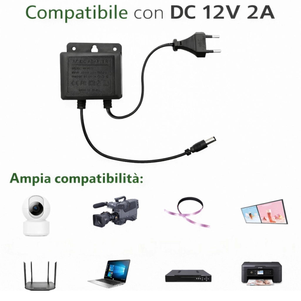 Alimentatore 12V 2A Stabilizzato Impermeabile per Telecamere CCTV LED 5.5x2.1