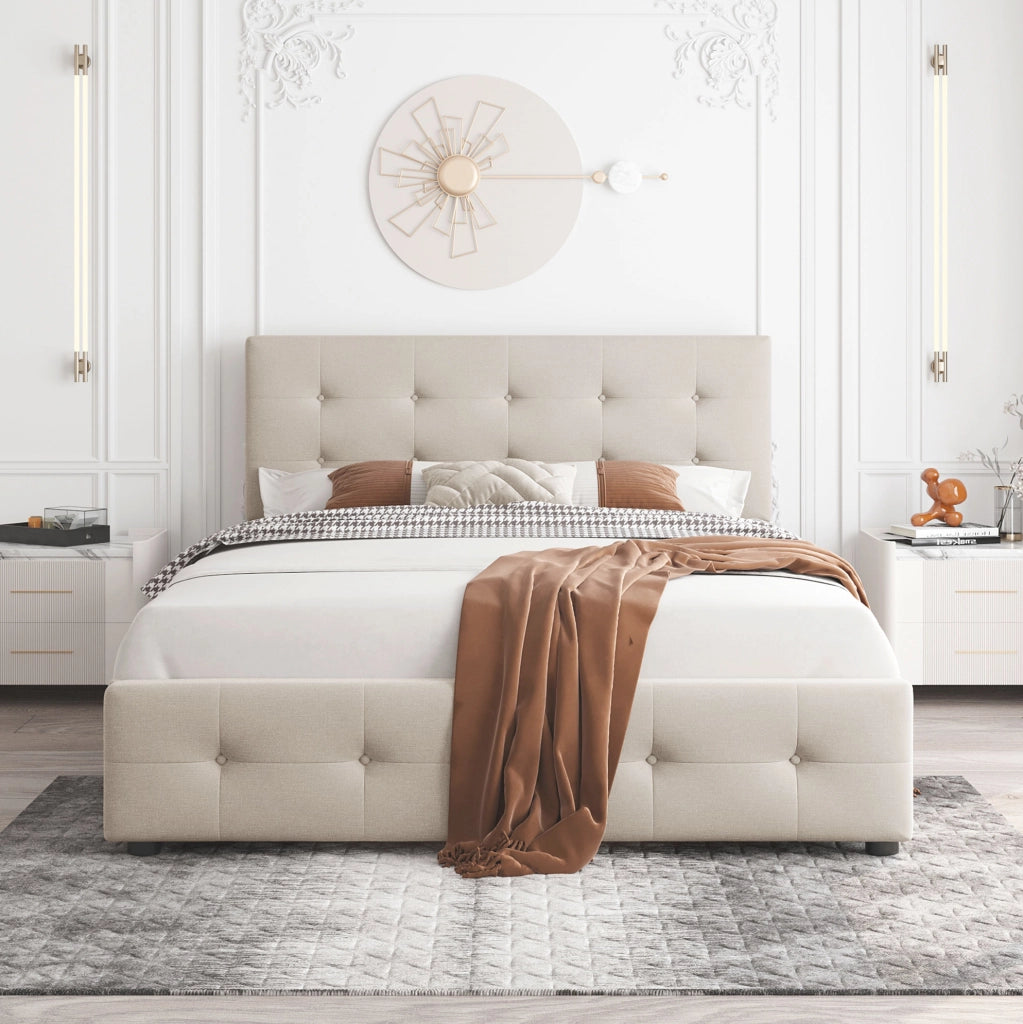 Letto imbottito beige con 4 cassetti, rete a doghe e testiera