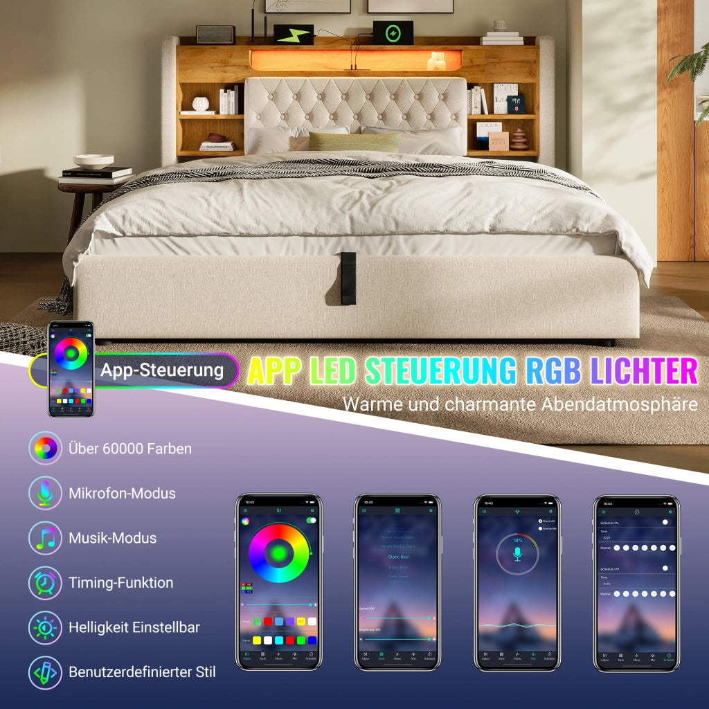 LETTO 90x200 cm in Lino Beige con LED, porte USB e testiera con ripiano