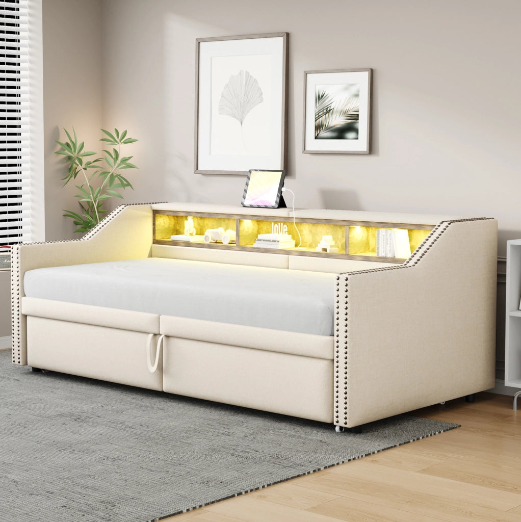 Divano letto estraibile 90/180x200 cm con vani laterali, LED e USB