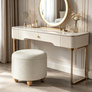 Pouf contenitore rotondo in lino con seduta imbottita e vassoio in legno per soggiorno, bianco crema