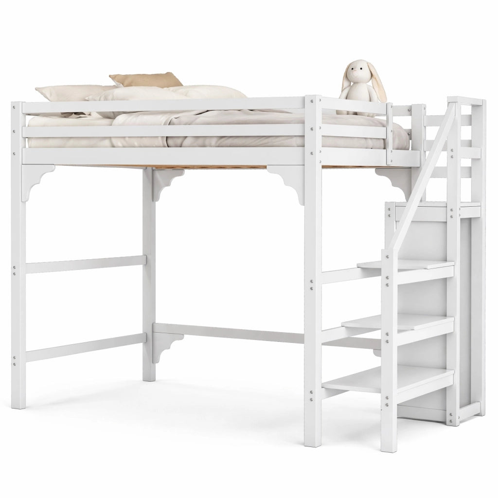Hochbett 140x200 cm con armadio e scala contenitore; in pino e MDF; bianco