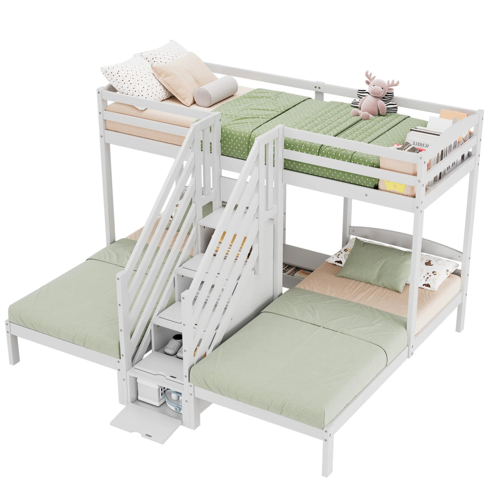 OKWISH Letto a Castello 90×200 cm, Letto 3 Posti con Scala Contenitore, Cassetti e Sponde, senza Materasso, in Pino, Bianco