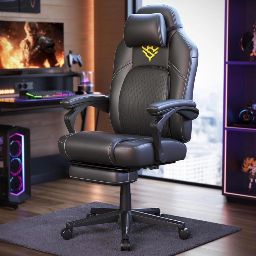 Sedia da Gaming Ergonomica per Computer Con Poggiapiedi e Poggiatesta, Pelle Sintetica, Altezza Regolabile, Nero Inchiostro OBG072B01