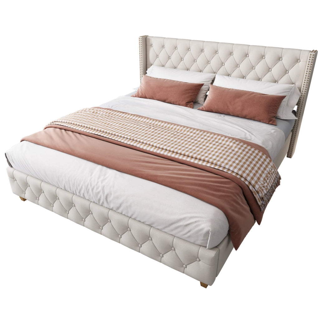 Letto matrimoniale imbottito 160x200 cm in lino beige con testiera capitonné e doghe