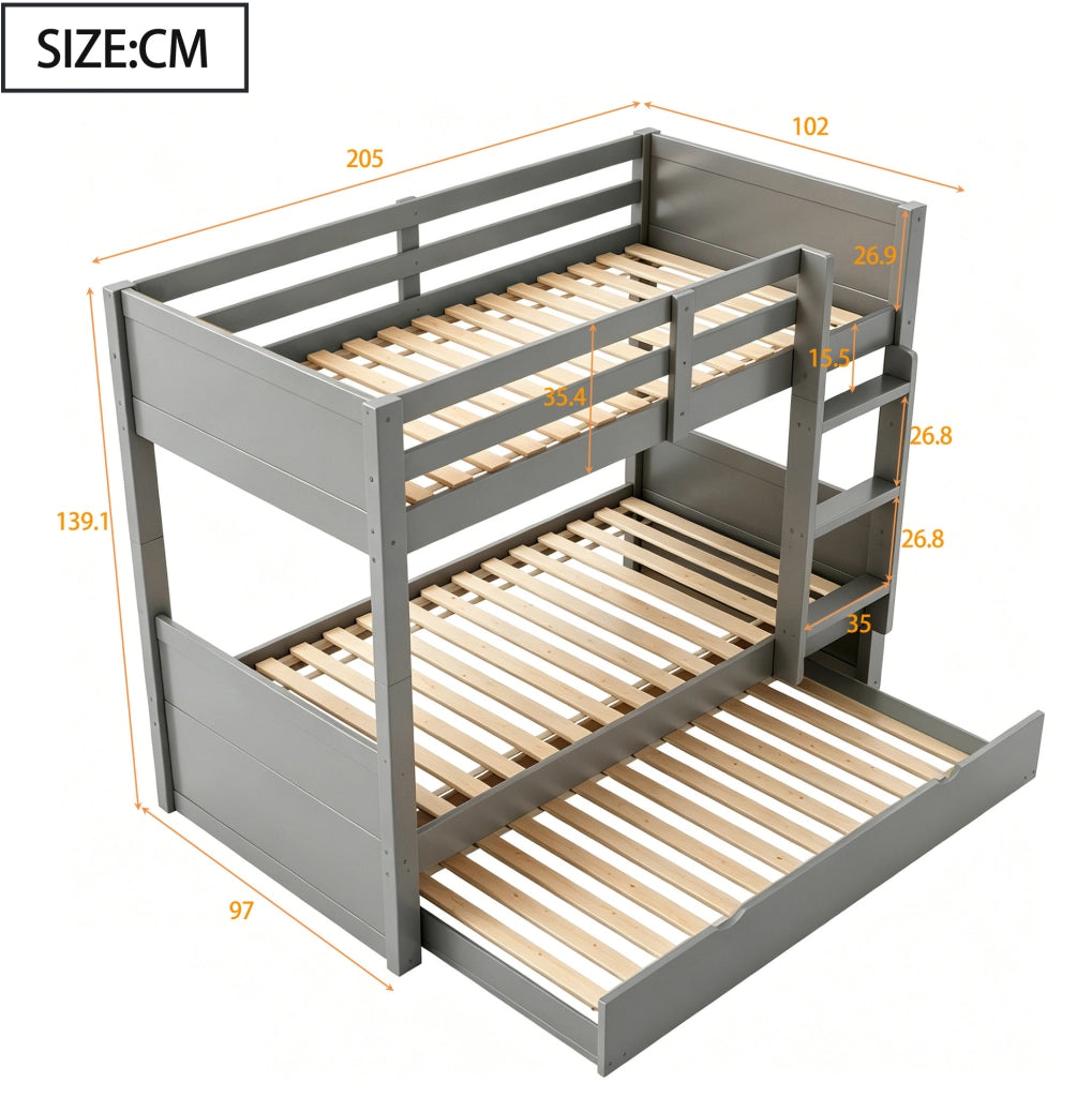 Letto a castello 90x200 cm convertibile in due letti singoli e con letto estraibile in legno grigio