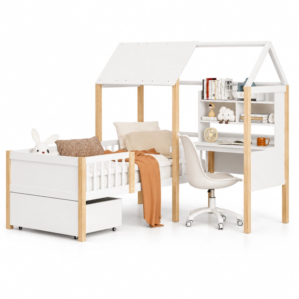 Letto a soppalco 90x200 cm con scrivania; libreria e cassetti in legno bianco