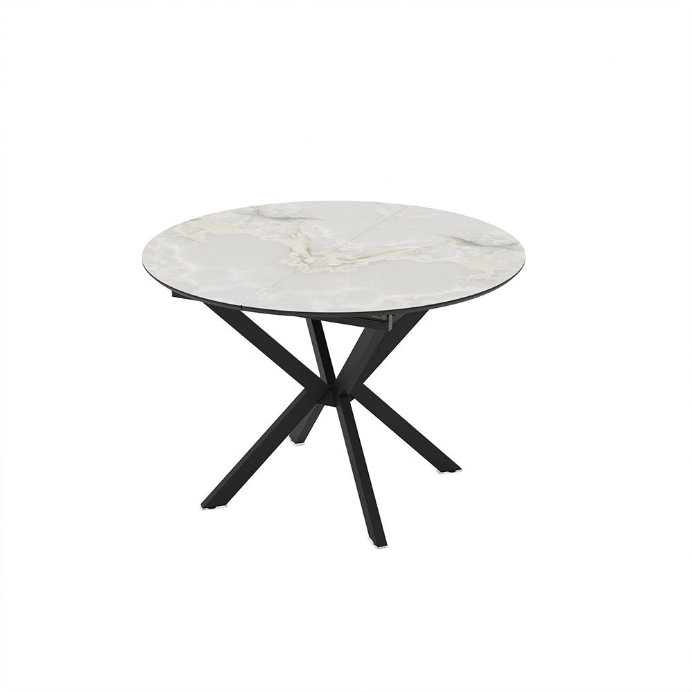 Tavolo rotondo allungabile Diano effetto marmo bianco mola con gambe nere in metallo 110x110x76H