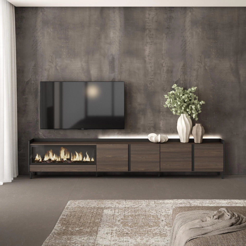 Mobile TV Soggiorno, 315x61x35 cm, Per TV fino a 80", Camino elettrico XXL, Design industriale, LED, Rovere scuro e Nero