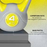 Kettlebell 4kg in PU e Sabbia con Base Piatta e Impugnatura per Stacchi, Squat e Sollevamenti, 18x12x20 cm, Giallo