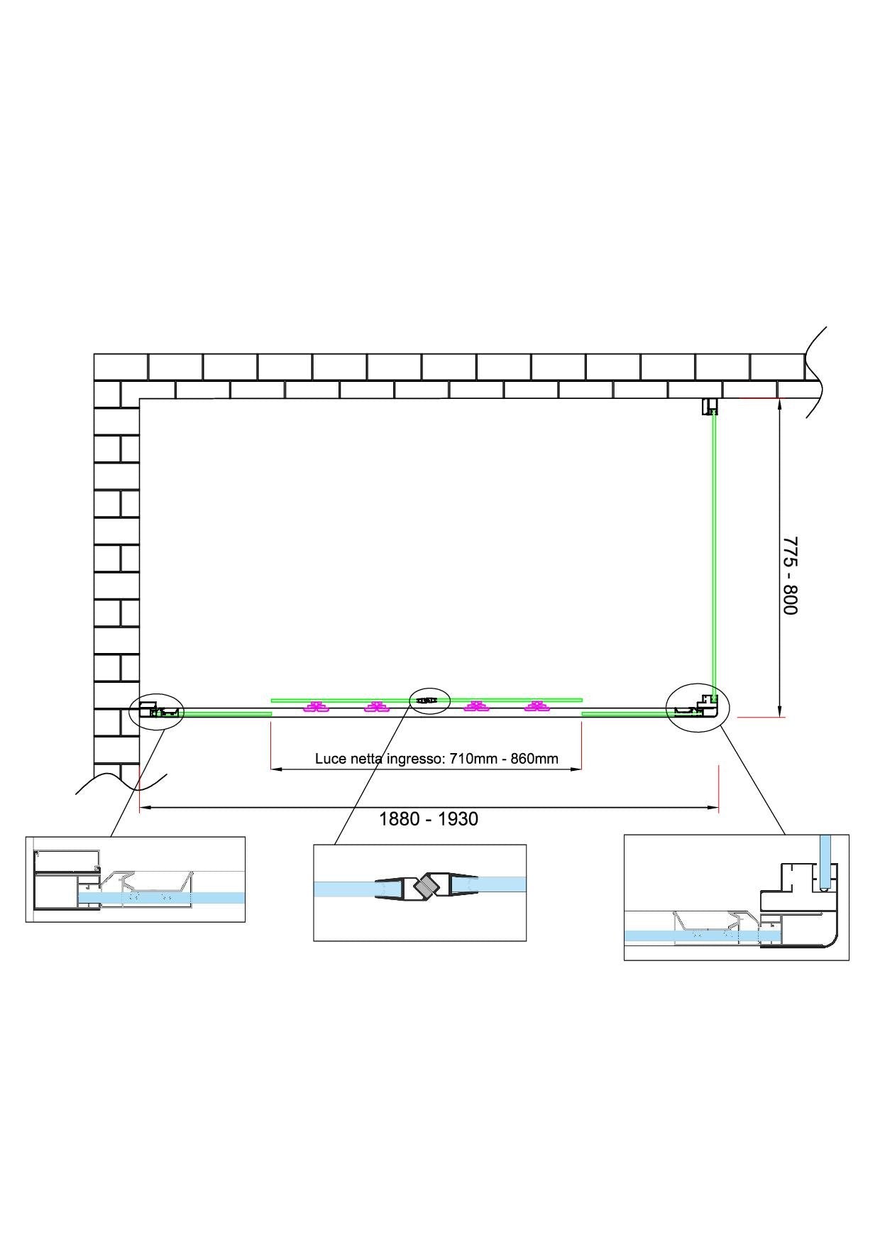Box doccia 6 mm H 190 parete fissa e porta a 4 ante con apertura centrale MISURA 77,5-80 ANTA FISSA + PORTA 188-193 