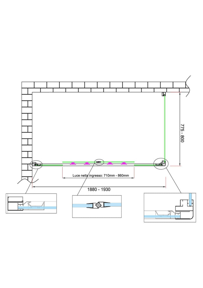 Box doccia 6 mm H 190 parete fissa e porta a 4 ante con apertura centrale MISURA 77,5-80 ANTA FISSA + PORTA 188-193 