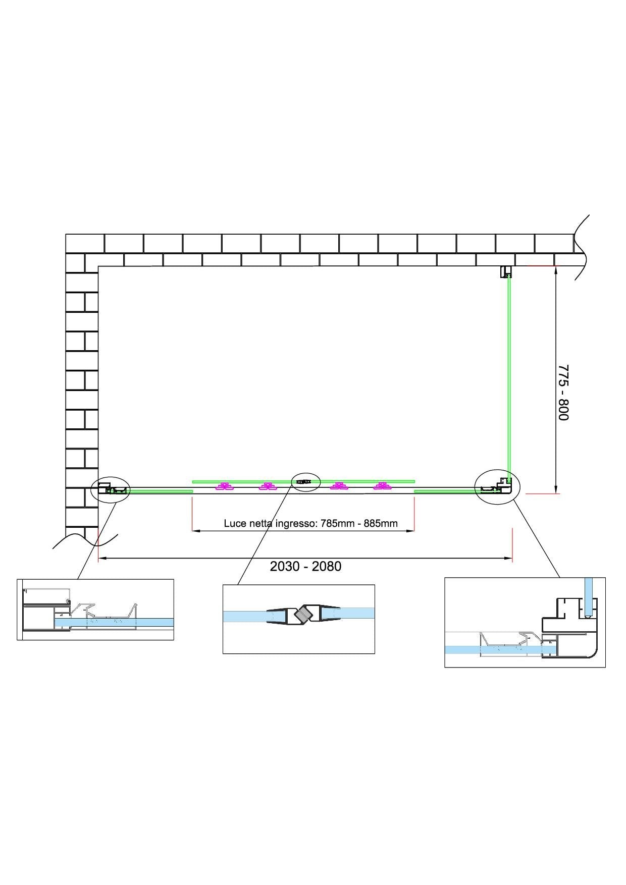 Box doccia 6 mm H 190 parete fissa e porta a 4 ante con apertura centrale MISURA 77,5-80 ANTA FISSA + PORTA 203-208 