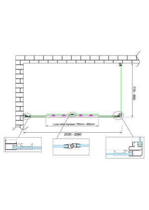 Box doccia 6 mm H 190 parete fissa e porta a 4 ante con apertura centrale MISURA 77,5-80 ANTA FISSA + PORTA 203-208 