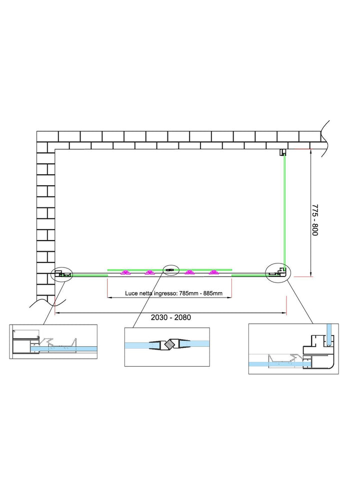 Box doccia 6 mm H 190 parete fissa e porta a 4 ante con apertura centrale MISURA 77,5-80 ANTA FISSA + PORTA 203-208 