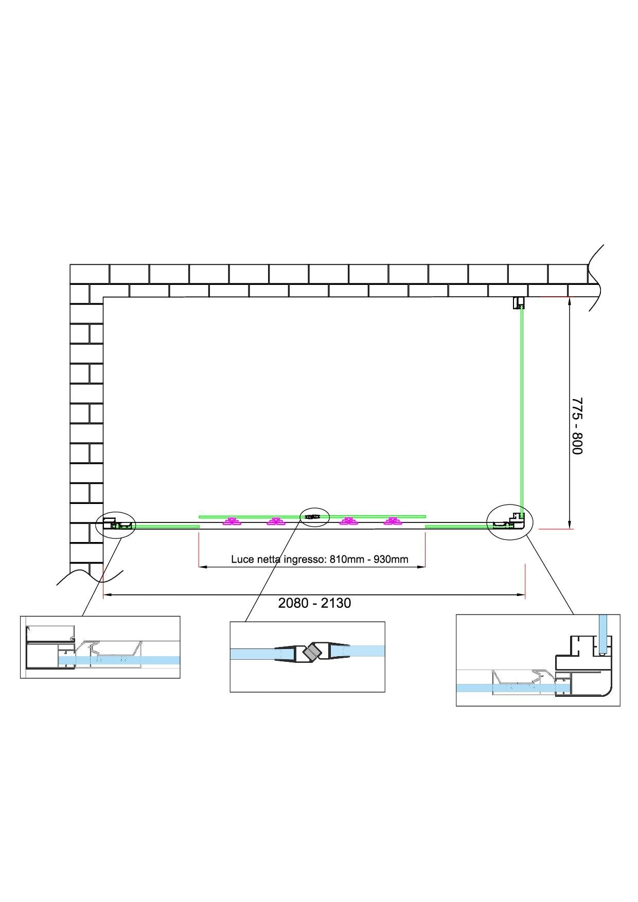 Box doccia 6 mm H 190 parete fissa e porta a 4 ante con apertura centrale MISURA 77,5-80 ANTA FISSA + PORTA 208-213 