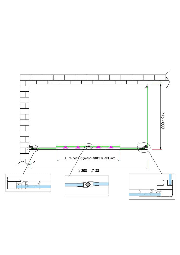 Box doccia 6 mm H 190 parete fissa e porta a 4 ante con apertura centrale MISURA 77,5-80 ANTA FISSA + PORTA 208-213 