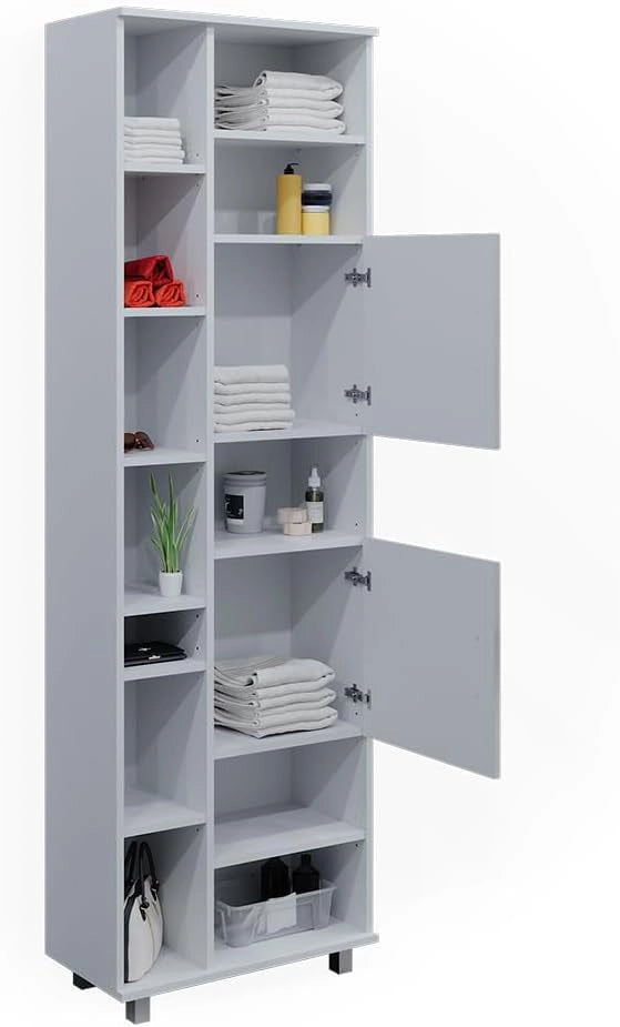 Mobile bagno alto Ilias, Bianco lucido, 60 x 190 cm, con ripiani regolabili per una conservazione ordinata
